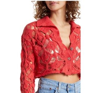 Free People Red Crochet Openwork Cropped Cardigan